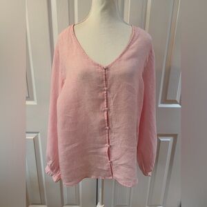 Laura Ashley Pink Linen Button Up Blouse with Ballon Sleeves Size L